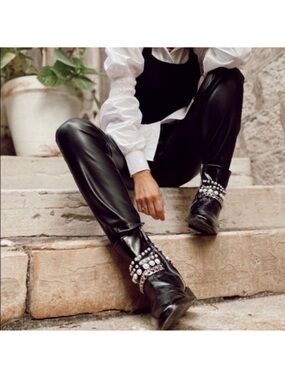 Zara Black Leather Ankle Boots with Pearl & Stud Embellishments
